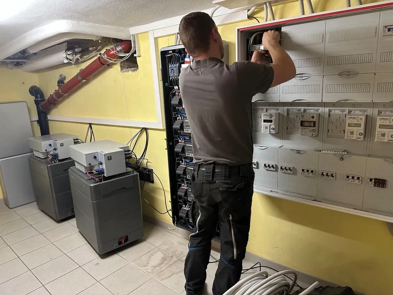Elektroinstallateur arbeitet am Stromverteiler neben installierten Batteriespeichern